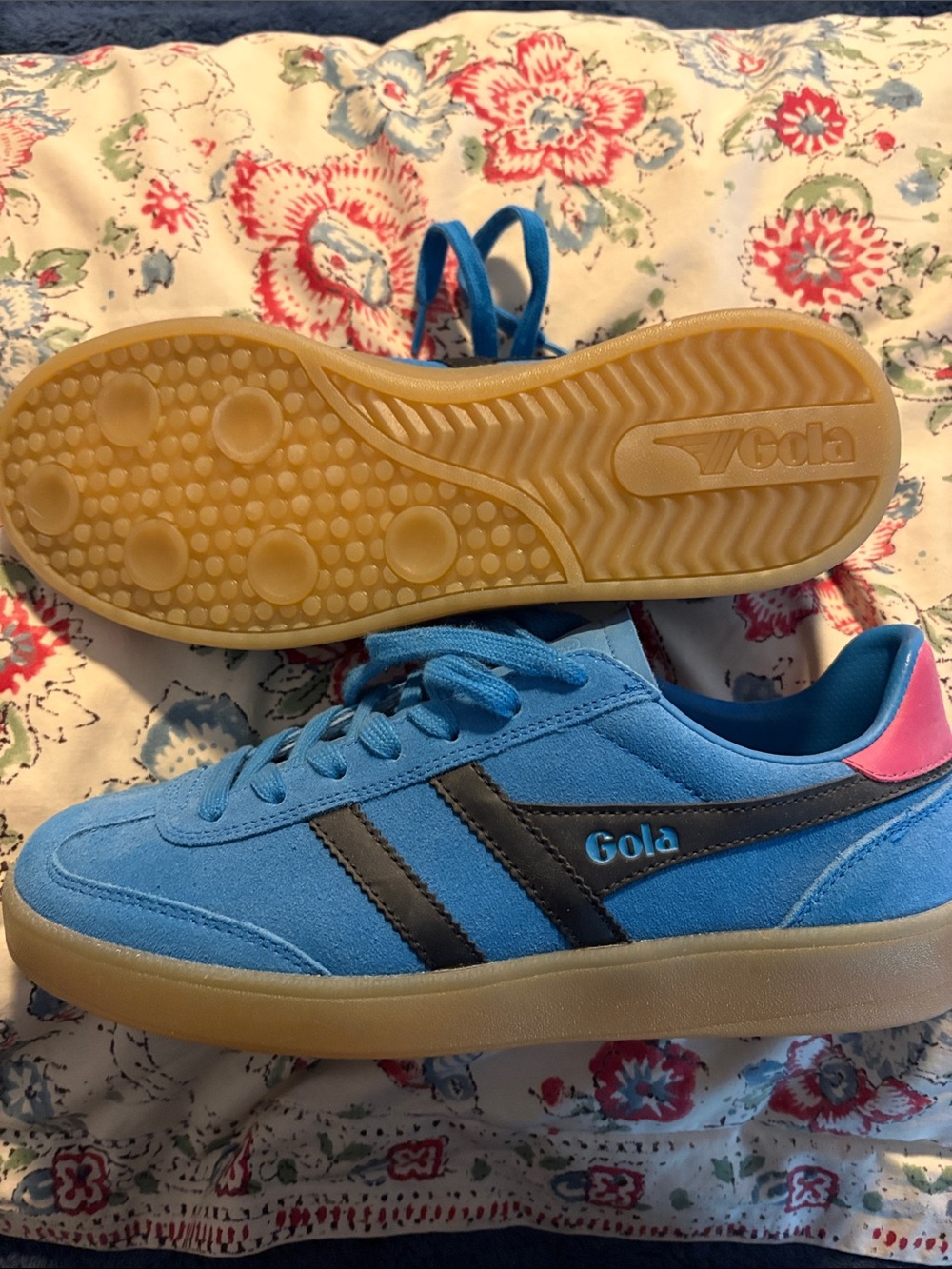 Gola Blue Suede Sneakers with Black Stripes and Pink Heel Tab